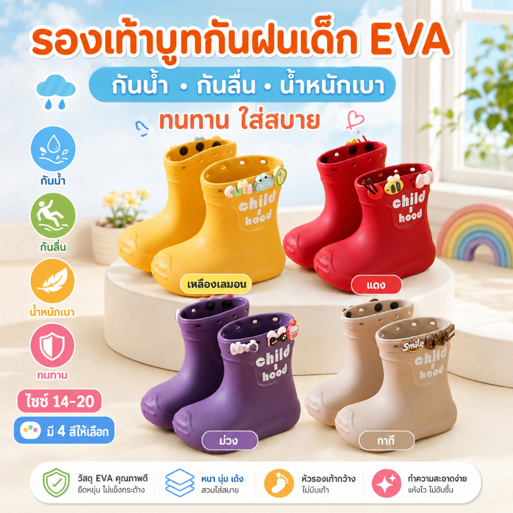🌧️ เด็กรองเท้าฝนกันน้ํา Anti-slip หญิงเด็กทารก Soft-soled High-top Long-tube โรงเรียนอนุบาลรองเท้าน้ําชายขนแกะ