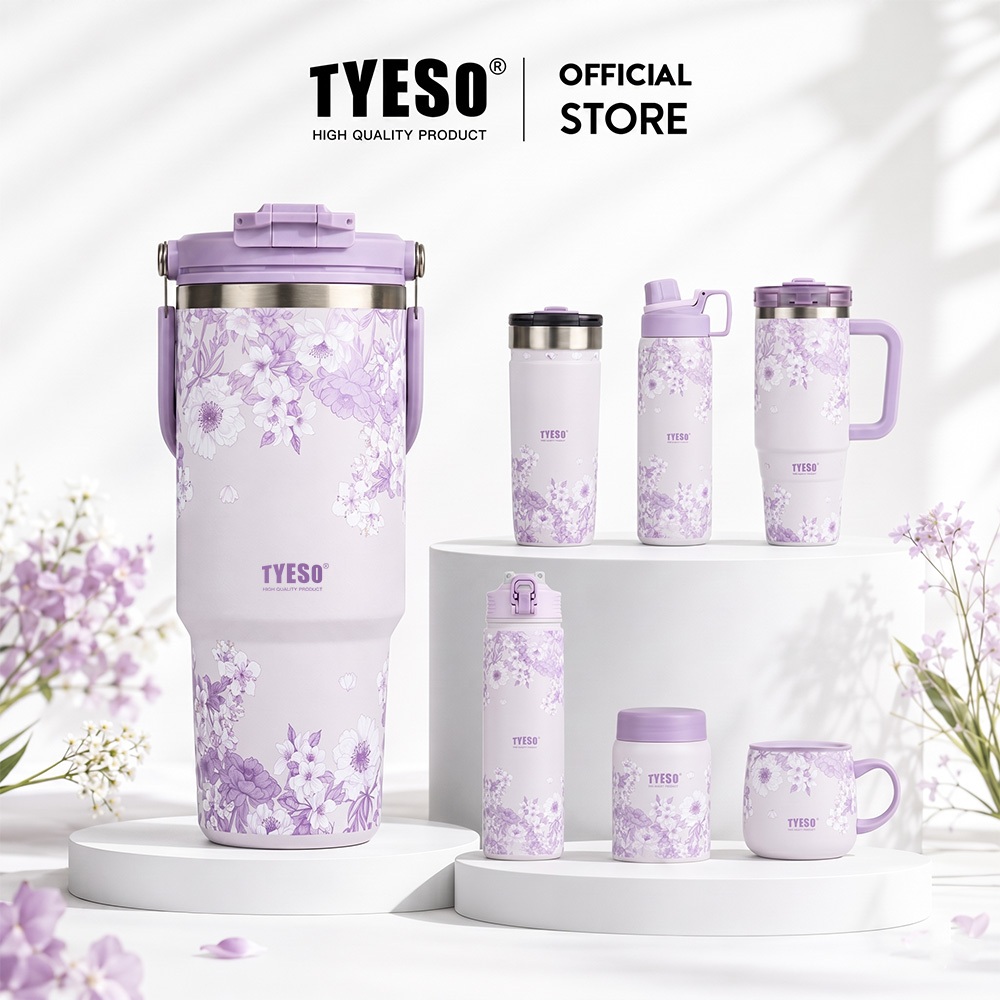 TYESO Lavender Floral Insulated Tumbler สแตนเลสถ้วยสูญญากาศพร้อมฟาง 24H เย็น 12H ร้อน