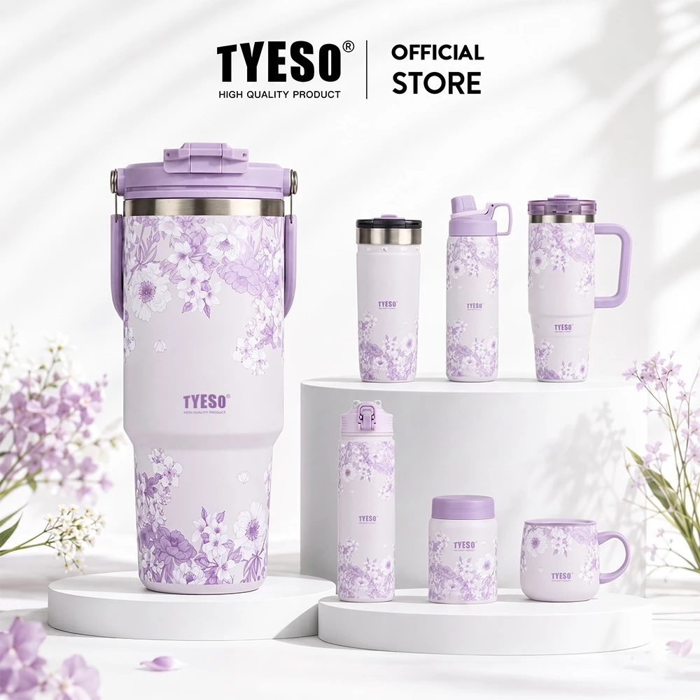 TYESO Lavender Floral Insulated Tumbler สแตนเลสถ้วยสูญญากาศพร้อมฟาง 24H เย็น 12H ร้อน