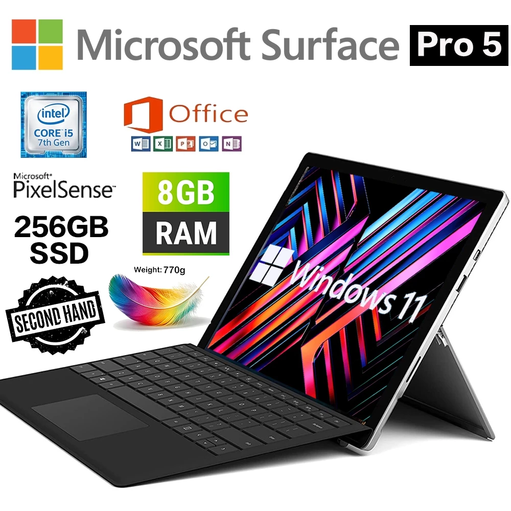 Microsoft Surface Pro 5th Gen Pro5 Intel Core i5 8GB RAM 256GB 12.3 "แท็บเล็ต 2K TouchScreen 7300U 2.6 GHz Windows 11 คอมพิวเตอร์ WiFi แล็ปท็อปใช้