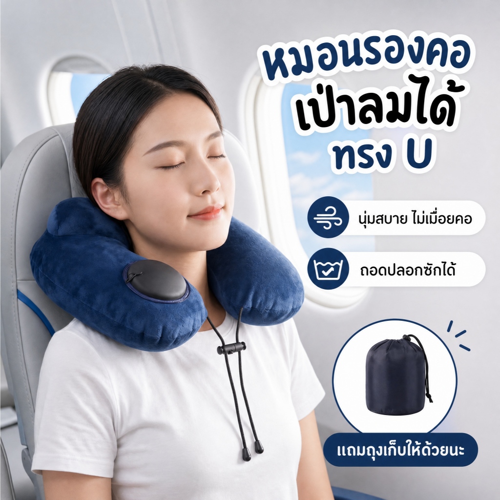 พร้อมส่ง！หมอนรองคอกดเป่าลมอัตโนมัติ นุ่มสบายปรับได้ รองรับคอ360องศา แก้ปวดคอ เหมาะสำนักงาน เดินทาง