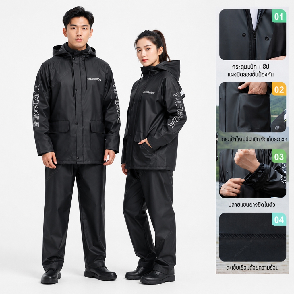 🔥จัดส่งตลอด 24 ชั่วโมง🔥ชุดกันฝน เสื้อกันฝน Raincoat Suit มอเตอร์ไซค์ ไรเดอร์ ชุดเสื้อ กางเกง มีแถบสะท้อนแสง รุ่นหมวกติดเสื้อ กันน้ำ 100%