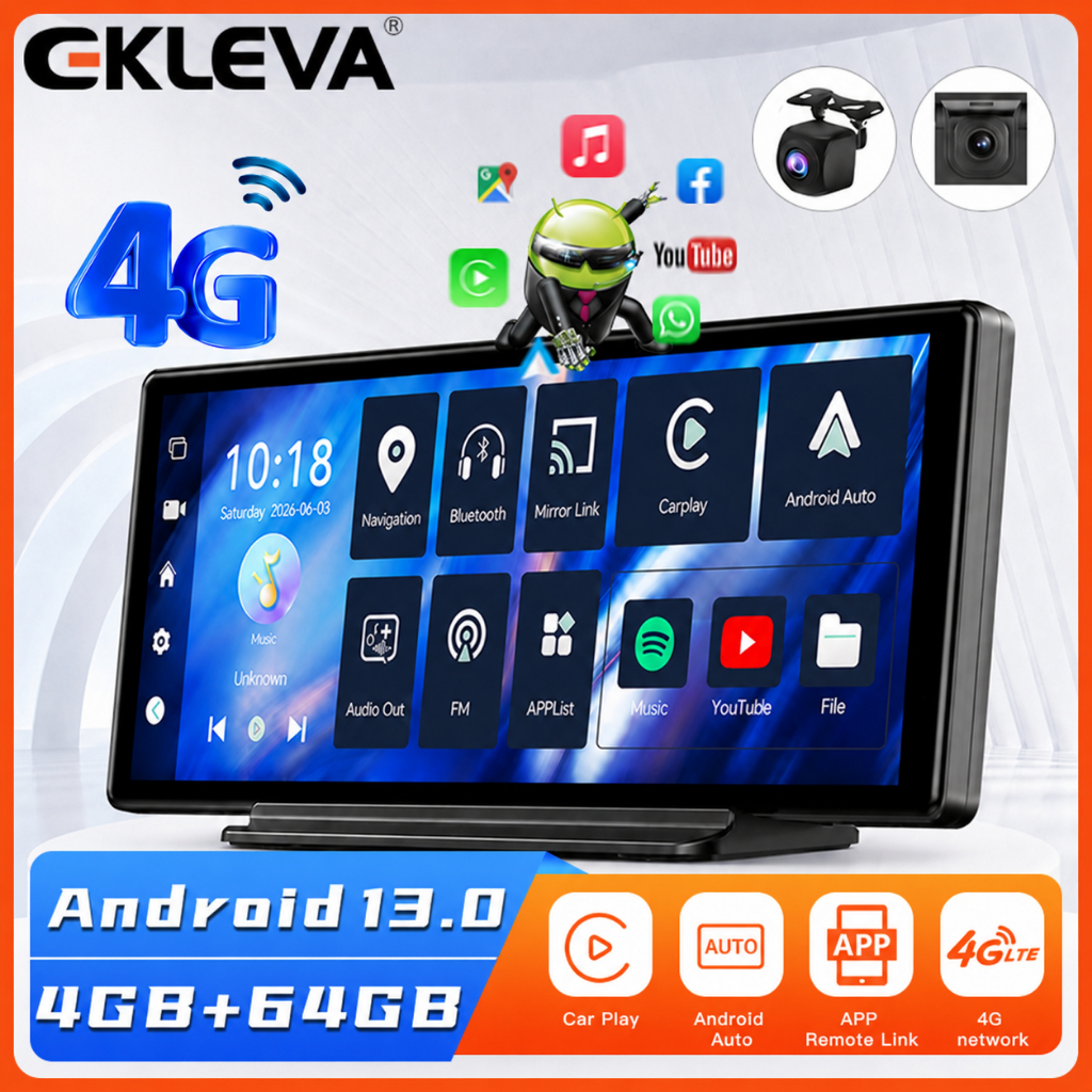 Ekleva กล้องบันทึกวิดีโอ 10.26 นิ้ว Android AUTO DVR ADAS 4G GPS Nav Android 12 RAM+ROM 4GB+64GB 1080P 24H Park สําหรับติดรถยนต์