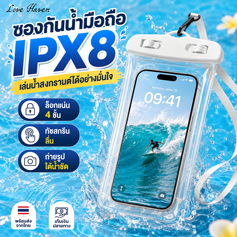 กันน้ํา, ความโปร่งใสสูง, เคสโทรศัพท์หน้าจอสัมผัสที่ปิดสนิทพร้อมถุงลมนิรภัย, เหมาะสําหรับดริฟท์, ว่ายน้ําและน้ําพุร้อน.สามชั้