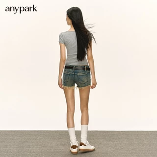 Anypark American Retro Design Feel สีทึบ Slim-fit เสื้อยืดแขนสั้นผู้หญิงฤดูร้อนใหม่ Top
