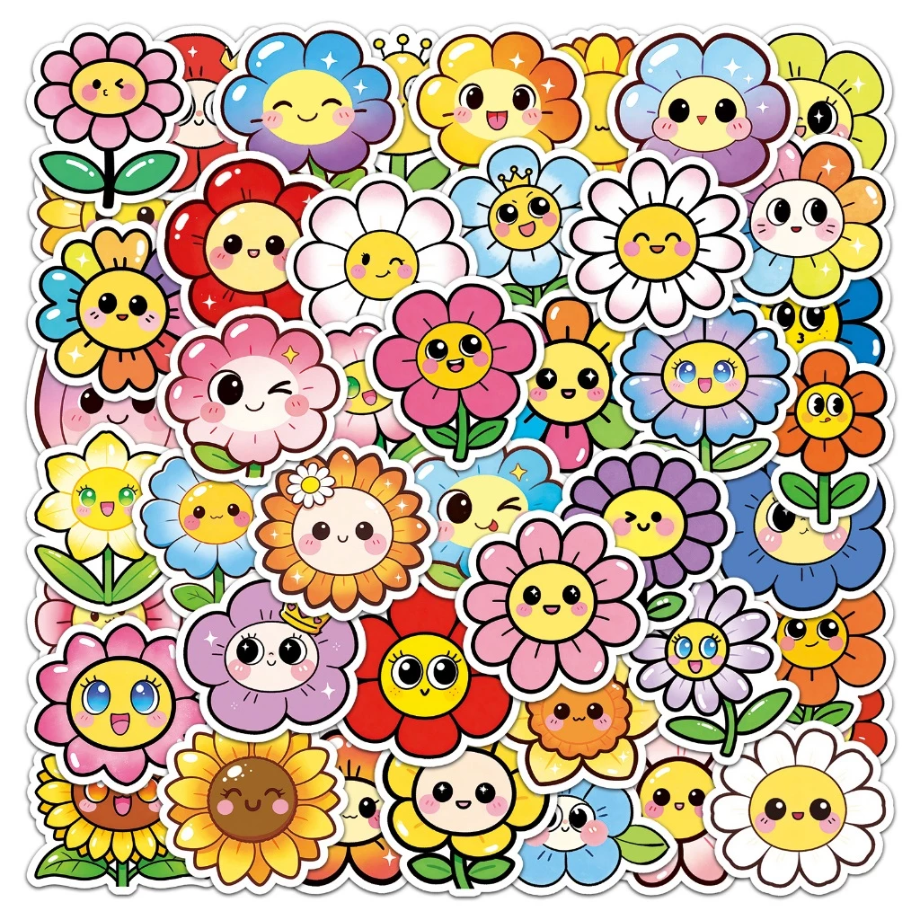 น่ารัก50ชิ้นยิ้มใบหน้าดอกไม้สติกเกอร์สําหรับโทรศัพท์แล็ปท็อปสมุดภาพศิลปะหมวกกันน็อคสติกเกอร์กันน้ํา ทําเอง