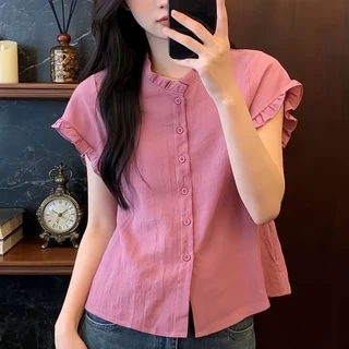 เสื้อคอกลมผู้หญิงดีไซน์นัวเนียลายทางแขนสั้นด้านบนเสื้อเชิ้ตสีทึบสไตล์หวานระบายอากาศได้ดี ใส่สบาย