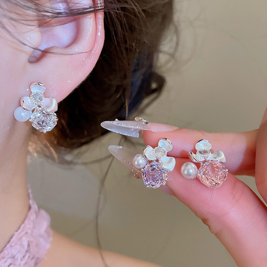 ต่างหูมุกดอกไม้ Rhinestone สีสันสดใส Niche High-End Feeling ต่างหูอารมณ์หวานสด