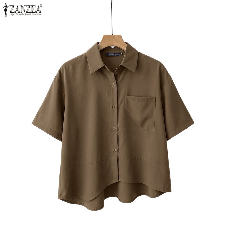 ZANZEA เสื้อเชิ้ตแขนสั้นแขนสั้นคอปกแฟชั่นเกาหลีสําหรับผู้หญิง