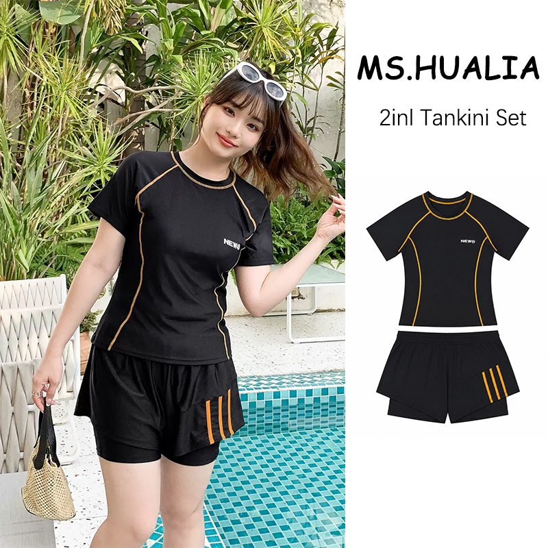 MS.HUALIA 1inl Tankini ชุดว่ายน้ำสาวอวบ ชุดว่ายน้ำวันพีซ ชุดว่ายน้ำผู้หญิง 50-80KG มีฟองน้ำที่หน้าอก ใส่แล้วดูผอม ผ้ายึด แห้งไว