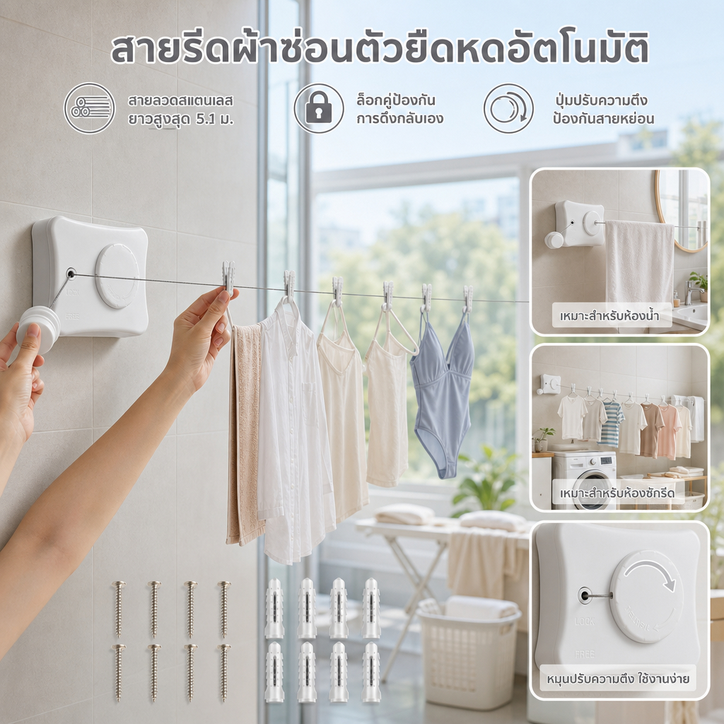 Retractable Clothesline Anti-Sag Retractable Clothes Line 16.7ft Heavy Duty Clothes Drying ซักรีด Line ประหยัดพื้นที่