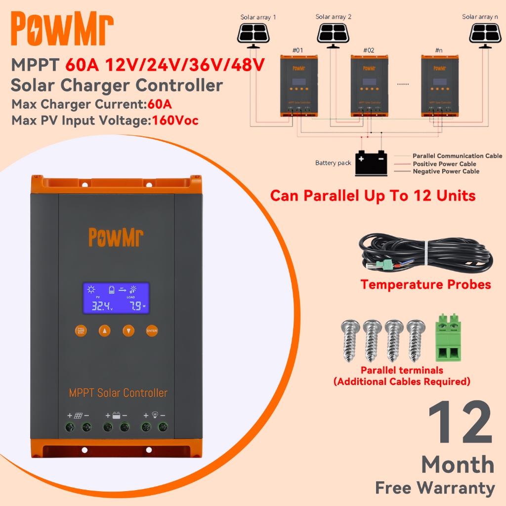 PowMr 2024 ใหม่ 100% Mppt 60A Solar Charge Controller 12v-48v Auto 160vdc lcd พัดลมสนับสนุนขนานสูงสุด 12 หน่วยสนับสนุน Lead Acid แบตเตอรี่ลิเธียมอุณหภูมิ Compensation