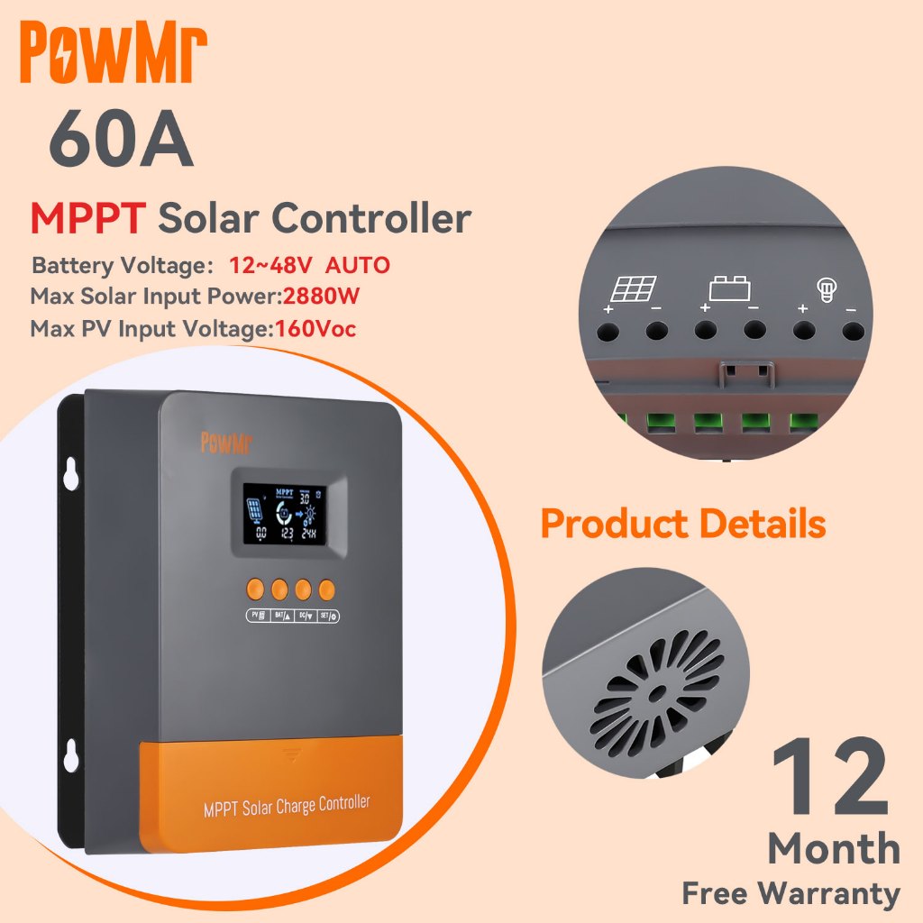 Powmr MPPT 60A 12V 24V 36V 48V Solar Charge Controller พร้อม Pvd ปรับ LCD Max Pvdc อินพุตสนับสนุนแบตเตอรี่ลิเธียม