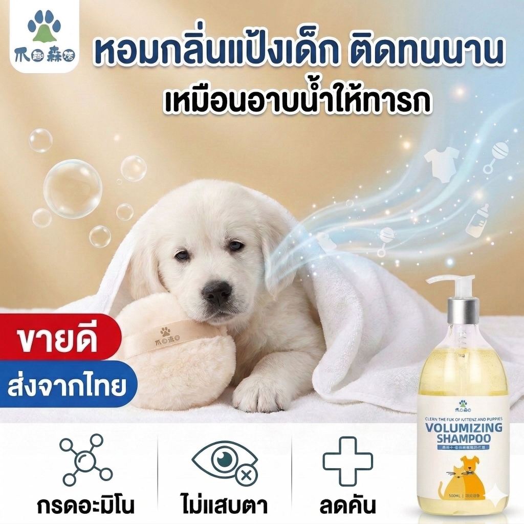 แชมพูสุนัข แมว สูตรอ่อนโยน ลูกแมว ลูกสุนัข ผิวแพ้ง่าย ลดผื่นแดง แก้คัน บำรุงผิวหนัง กลิ่นแป้งเด็ก