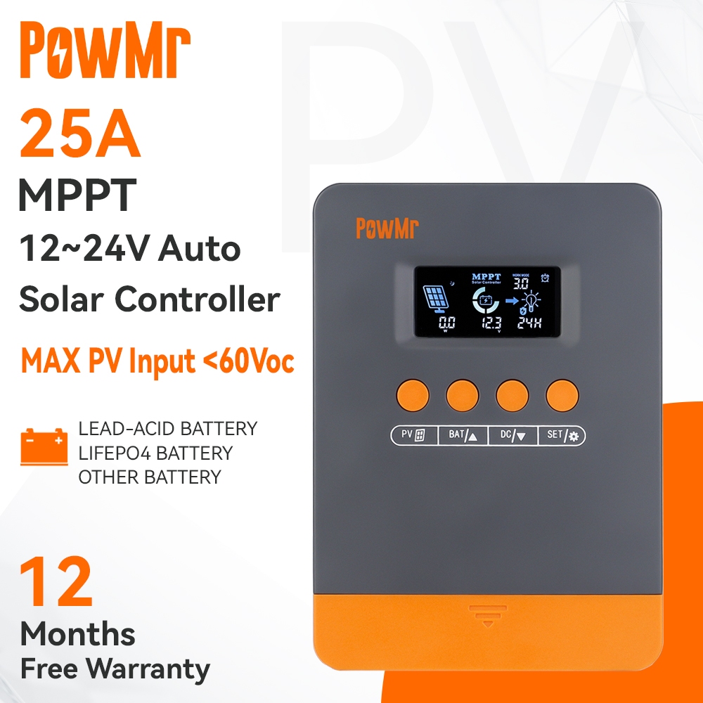 Powmr 25A MPPT ตัวควบคุมเครื่องชาร์จพลังงานแสงอาทิตย์ 12V 24V พร้อมตัวควบคุม LCD Blacklight อินพุต PV 100Voc สนับสนุน Lifepo4 แบตเตอรี่ที่มีประสิทธิภาพชาร์จ