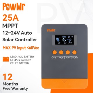 Powmr 25A MPPT ตัวควบคุมเครื่องชาร์จพลังงานแสงอาทิตย์ 12V 24V พร้อมตัวควบคุม LCD Blacklight อินพุต PV 100Voc สนับสนุน Lifepo4 แบตเตอรี่ที่มีประสิทธิภาพชาร์จ