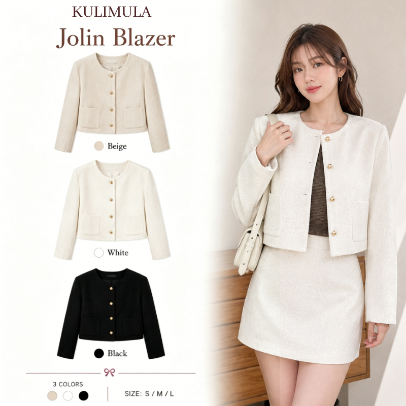KULIMULA Jolin Blazer แจ็คเก็ตสไตล์เชนผ้าขนสัตว์ คอกลมกระดุมทอง ทรงสั้นหรูหราใส่ทำงานสวย