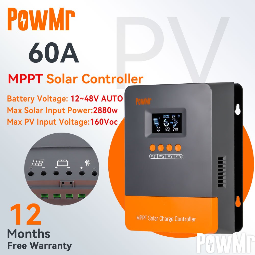 PowMr MPPT 60A ตัวควบคุมเครื่องชาร์จพลังงานแสงอาทิตย์ 12V 24V 36V 48V พร้อม Blacklight LCD Regulator