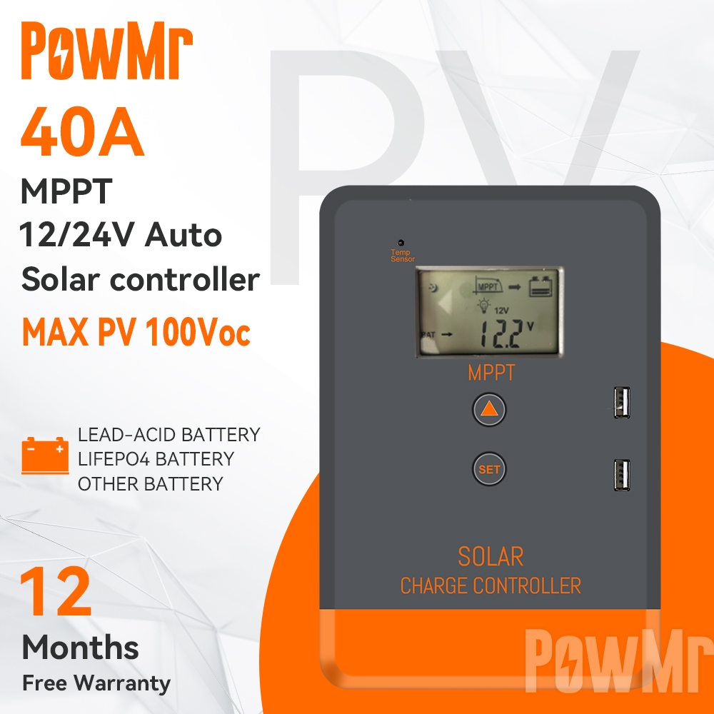 PowMr MPPT ตัวควบคุมเครื่องชาร์จพลังงานแสงอาทิตย์ 40A 12V/24V ตัวควบคุมพลังงานแสงอาทิตย์อัตโนมัติ MAX PV อินพุต 100Voc ตัวควบคุมแรงดันไฟฟ้าจอแสดงผล LCD โหมดควบคุมโหลดต่างๆรองรับแบตเตอรี่ Li