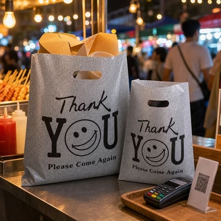100 ใบ ถุงพลาสติกหูหิ้วลายหน้ายิ้มสีดำ THANK YOU แบบหนาและทนทาน เป็นมิตรต่อสิ่งแวดล้อม เหมาะสำหรับใส่ของขวัญ เสื้อผ้า และสินค้า พกพาได้สะดวก หูหิ้วแข็งแรง ช่วยจัดของให้เป็นระเบียบ เหมาะสำหรับร้านค้า การช้อปปิ้ง และใช้งานประจำวัน ใส่ของง่าย ถือสะดวกทุกวัน