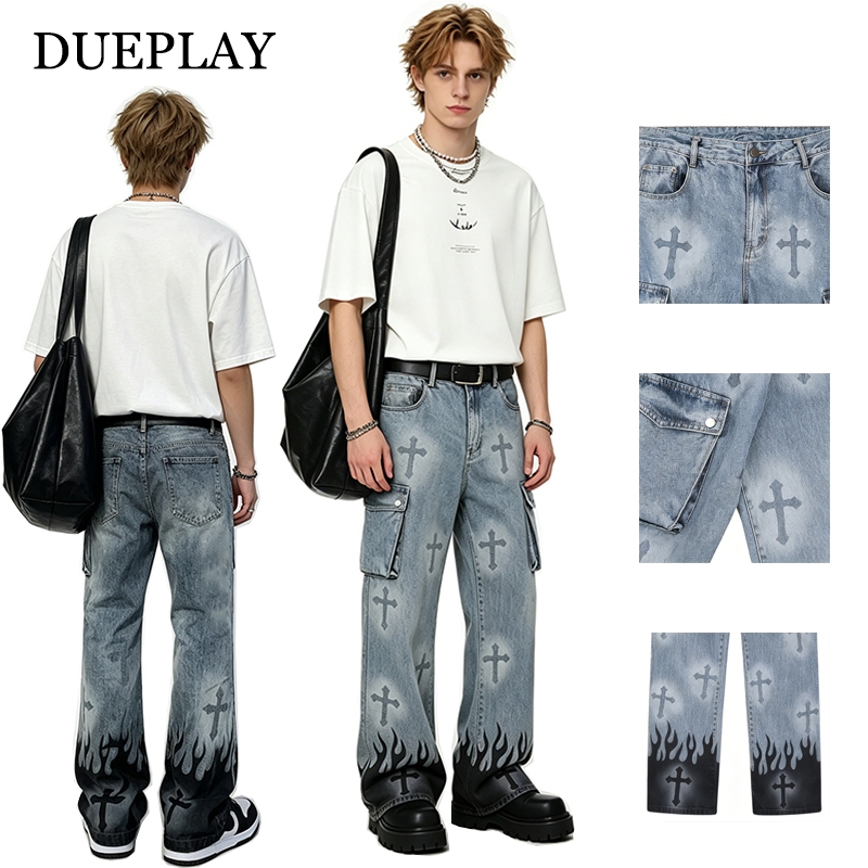 Dueplay กางเกงยีนส์ผู้ชาย ขากระบอก ทรงหลวม ทรงตรง พิมพ์ลายแฟชั่น สไตล์เกาหลี กางเกงสตรีท baggy jeans ชาย ฮิปฮอป ไฮสตรีท