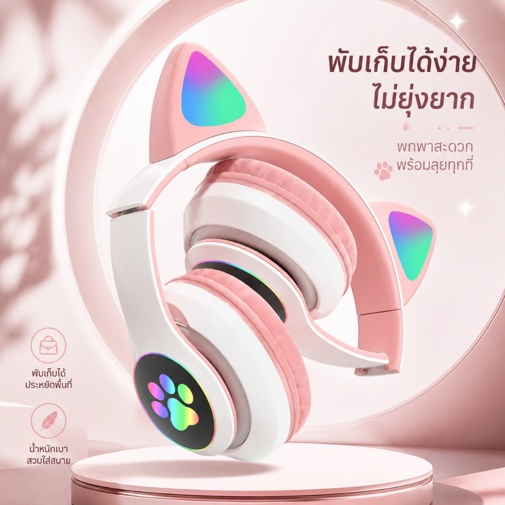 หูฟังแมว หูฟังไร้สาย Bluetooth 5.0 RGB LED เกมมิ่ง ลดเสียงรบกวน พับได้ ชาร์จ USB มือถือ คอมพิวเตอร์ A00219