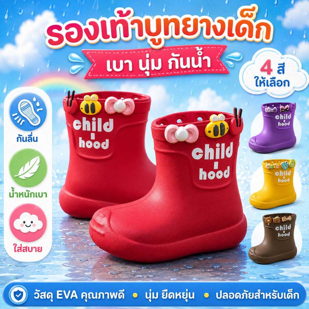 ดีเอ็กซ์8ก บูทกันฝนเด็ก รุ่นสั้น ลายหมีการ์ตูน พื้นกันลื่น เหมาะสำหรับไปโรงเรียน