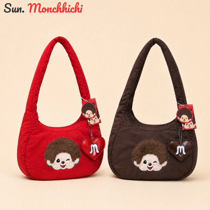S.Monchhichi กระเป๋าสะพายไหล่ ตัวดัง🔥 ผ้านุ่มนิ่ม ลายการ์ตูน ปักลาย+พวงกุญแจ