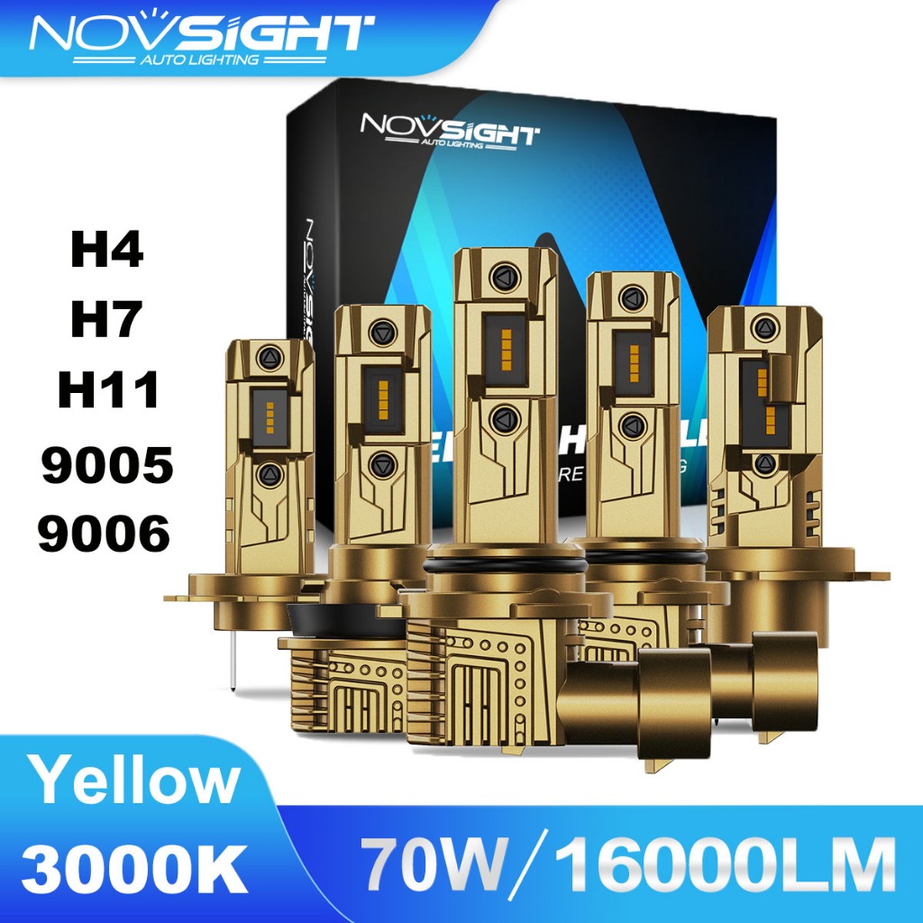 NOVSIGHT T11Y LED ไฟหน้าหลอดไฟ H4 H11 9005 9006 3000K Amber Yellow 16000LM 70W IP68 กันน้ํา Plug and Play หมอกเปลี่ยนรับประกัน 1 ปี