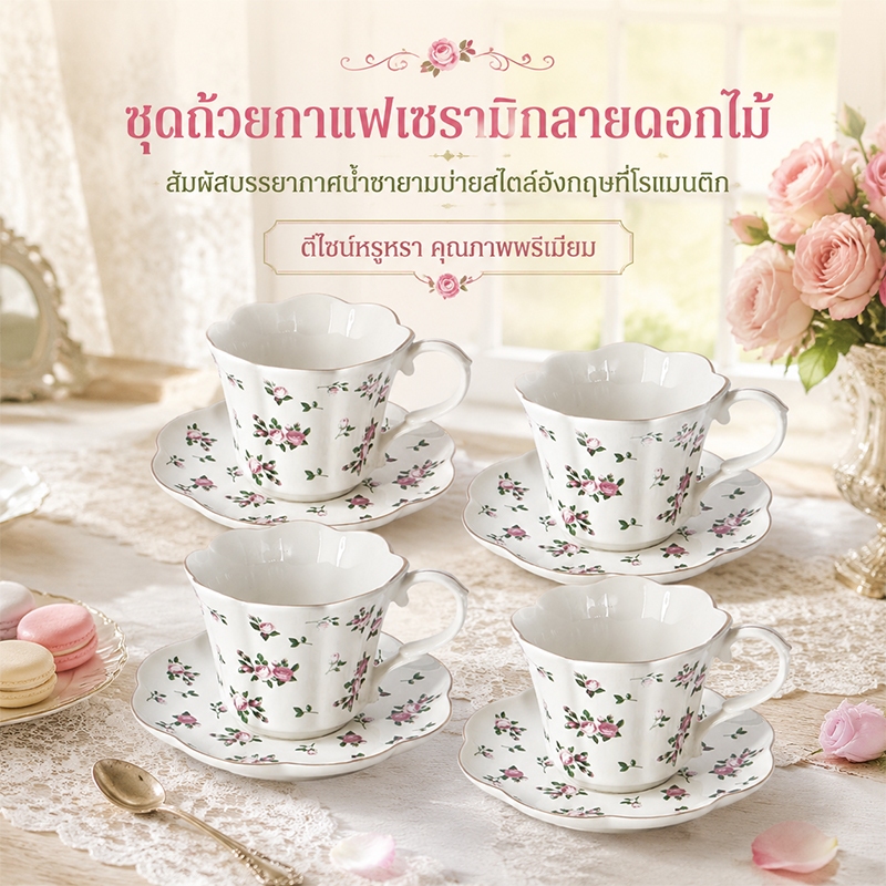 MBB 🌹เซตถ้วยกาแฟเซรามิกลายกุหลาบ 4 ชิ้น 200ml มีจานรอง ถ้วยชายบ่าย ของขวัญวันเกิด ของขวัญแต่งบ้าน🎁