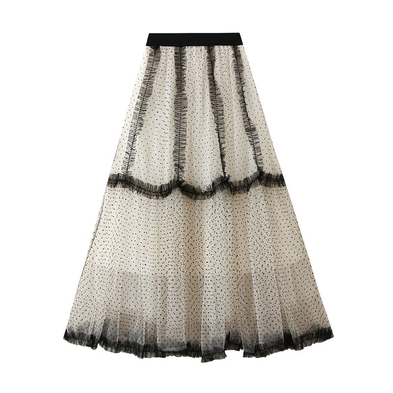 Qooth Polka Dot เอวสูง A-Line กระโปรง Organza พิมพ์ Patchwork Midi กระโปรงครึ่งกระโปรงสําหรับผู้หญิง QT2604 — صورة 5