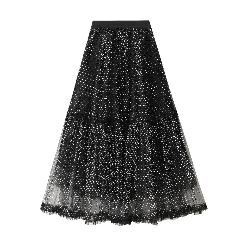 Qooth Polka Dot เอวสูง A-Line กระโปรง Organza พิมพ์ Patchwork Midi กระโปรงครึ่งกระโปรงสําหรับผู้หญิง QT2604 — صورة 7