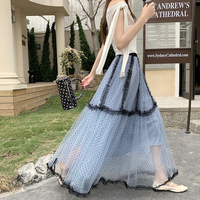 Qooth Polka Dot เอวสูง A-Line กระโปรง Organza พิมพ์ Patchwork Midi กระโปรงครึ่งกระโปรงสําหรับผู้หญิง QT2604 — صورة 2
