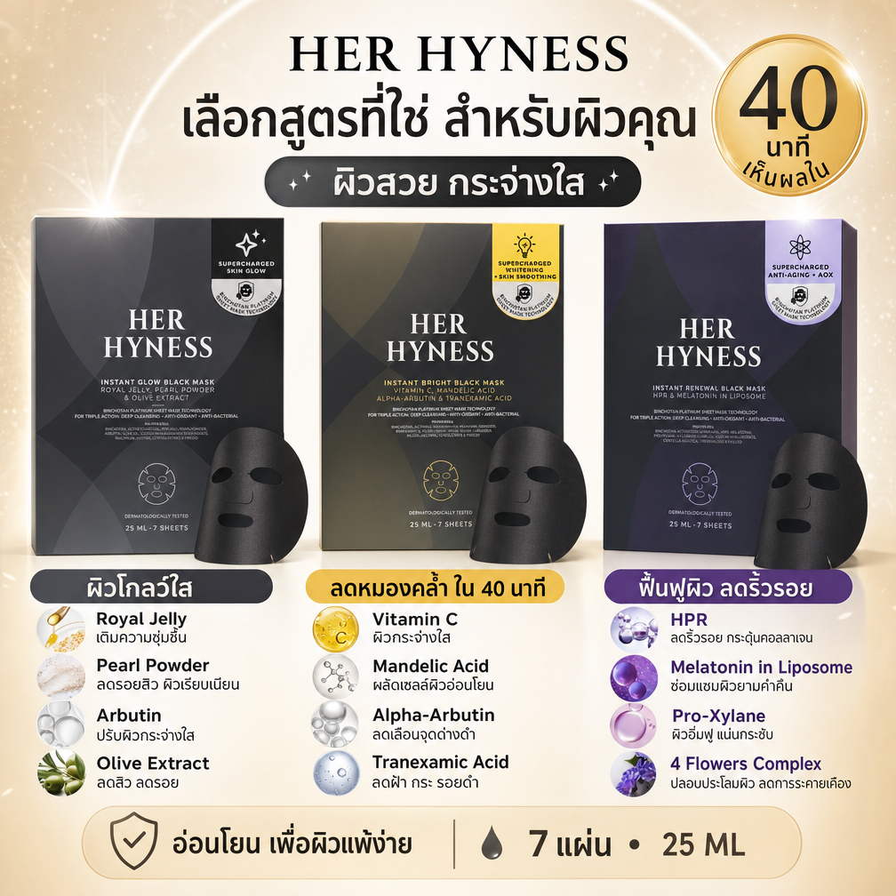 [ของแท้ 100%] HER HYNESS INSTANT GLOW/BRIGHT/ RENEWAL BLACK MASK: มาส์กสีดําเพื่อผิวเปล่งประกายและลดรอยสิวใน 40 นาที