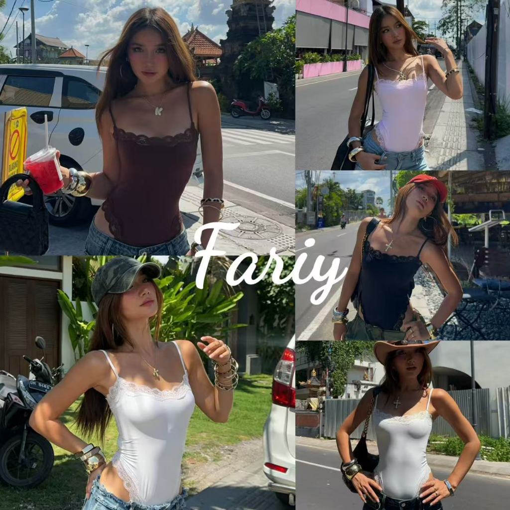 Fariy🍒คลังสินค้าพร้อม🍒 เสื้อจั๊มสูทเอวสูงเข้ารูปแต่งลูกไม้สำหรับผู้หญิง ดีไซน์ฤดูร้อน