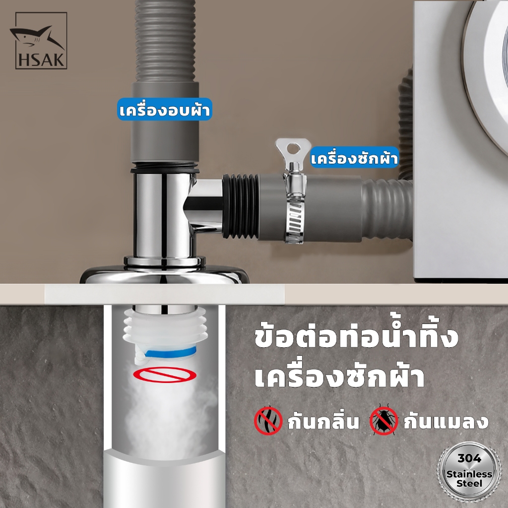 ข้อต่อท่อระบายน้ำเครื่องซักผ้า กันกลิ่นกันแมลง สแตนเลส ใช้ได้กับฟลอร์เดรนและท่อ PVC HSAK
