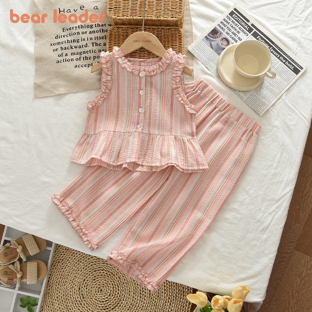 หมีผู้นําฤดูร้อนใหม่ที่มีสีสันลายสาวเสื้อผ้าหวานแขนกุดนัวเนียเสื้อยืดด้านบน + กางเกงชุดสองชิ้น 2-10 ปีวัยรุ่นเด็กสวมใส่