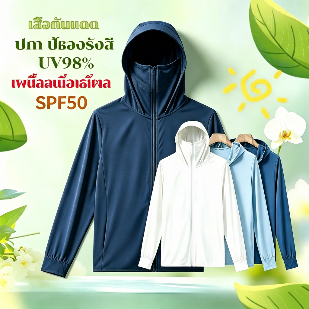 Sunny Beach🏖️เสื้อฮู้ดกันแดด กันรังสี UV SPF50+เสื้อแขนยาว มีฮู้ด ปีกหมวกและที่ปิดหน้า ผ้าบางเบา Unisex