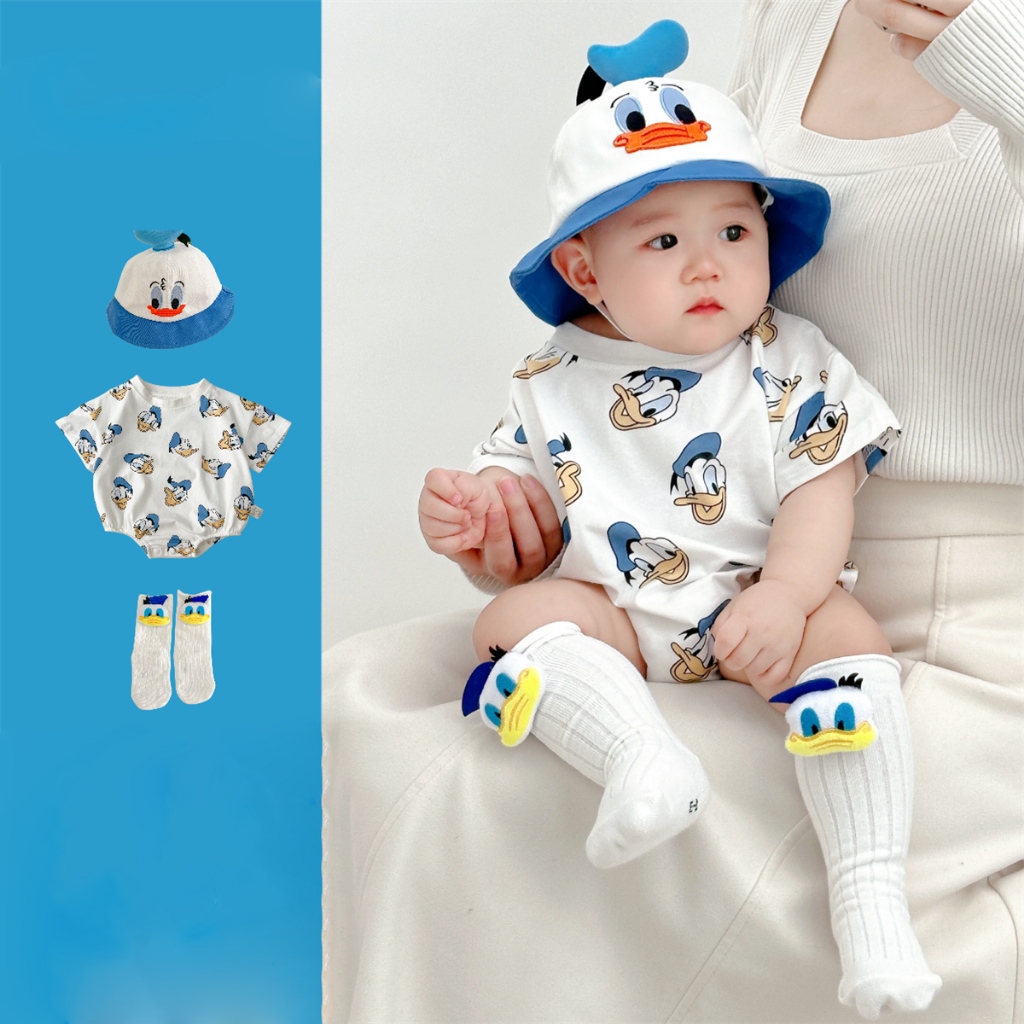 Disney Donald Duck เสื้อผ้าทารกแรกเกิดเด็กทารก Jumpsuit แฟชั่นสไตล์เกาหลีกลางแจ้งผ้าฝ้ายแขนสั้นชุด Jumpsuit