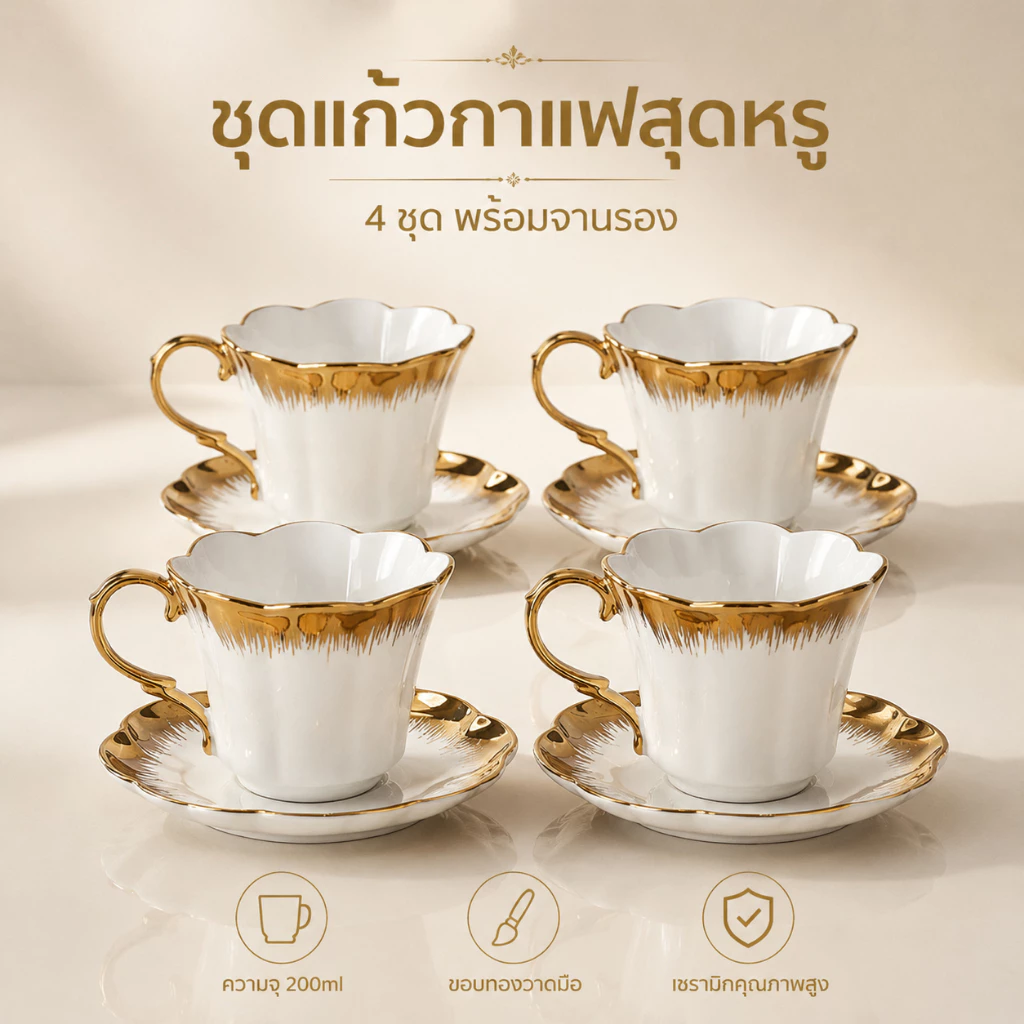MBB ชุดถ้วยกาแฟ 4 ชิ้น (200 มล.) พร้อมการตัดแต่งสีทอง – 💘ของขวัญที่สมบูรณ์แบบสำหรับคนรักกาแฟ🎁