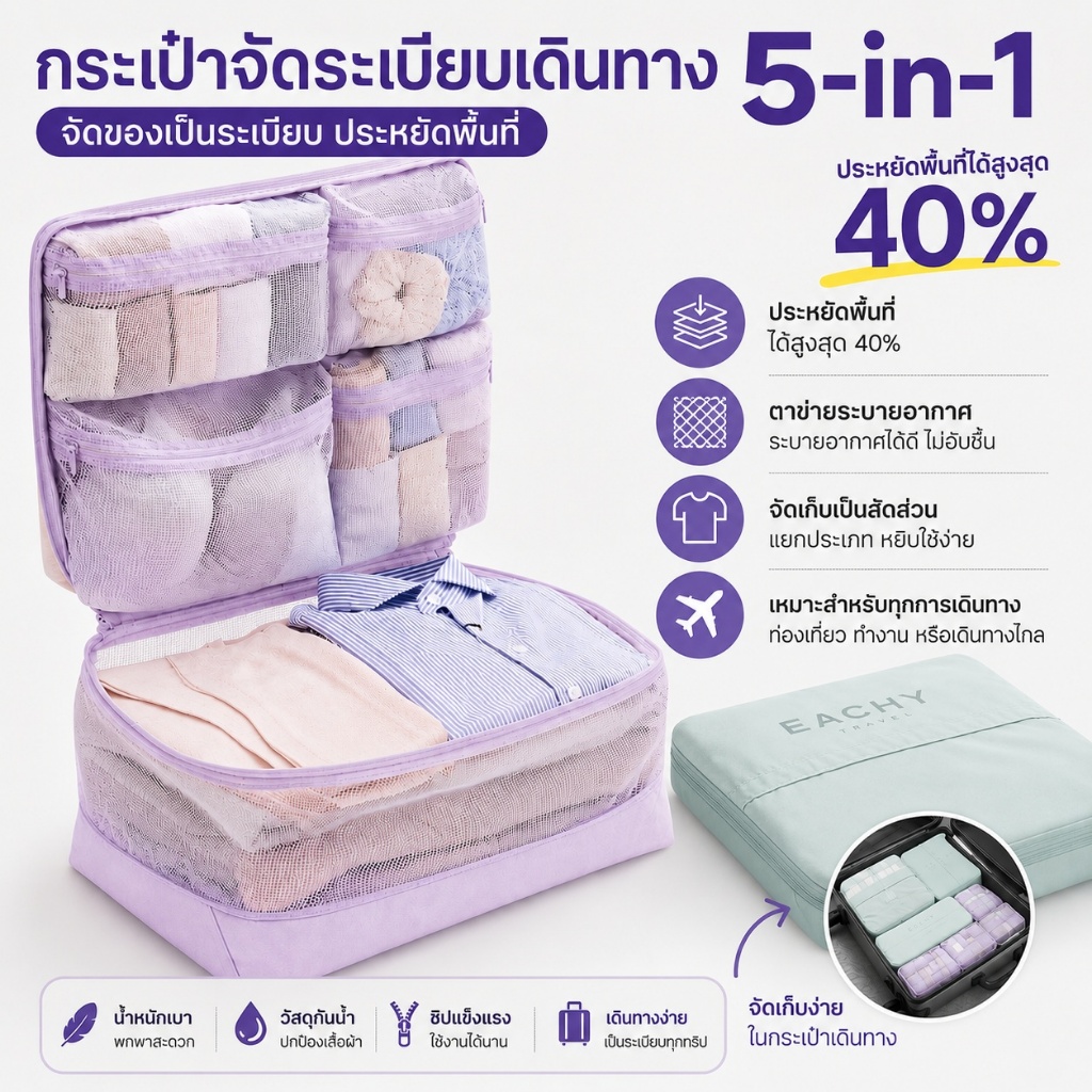 ชุดถุงจัดระเบียบเดินทาง 5 ชิ้น พับเก็บง่าย จุได้เยอะ เหมาะสำหรับทริปเที่ยวและเดินทาง ลดพื้นที่ เพิ่มความจุ