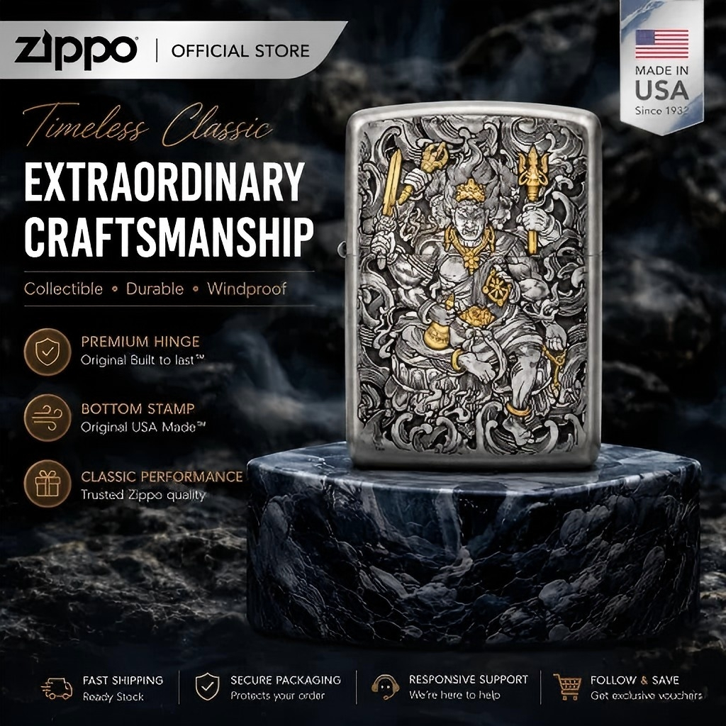 ZIPPO Official Flagship Store Laser-Engraved Fudo Myoo ไฟแช็คกันลมสีเงิน,LSD-00004