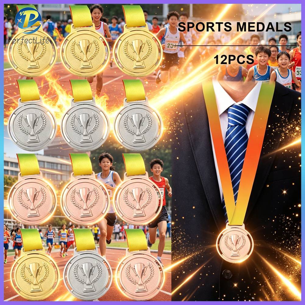 【12PCS】เหรียญทอง, เงิน, ทองแดง, โลหะผสมสังกะสีเหรียญการแข่งขันกีฬา, รางวัลเหรียญรางวัลสำหรับการแข่งขันในโรงเรียน