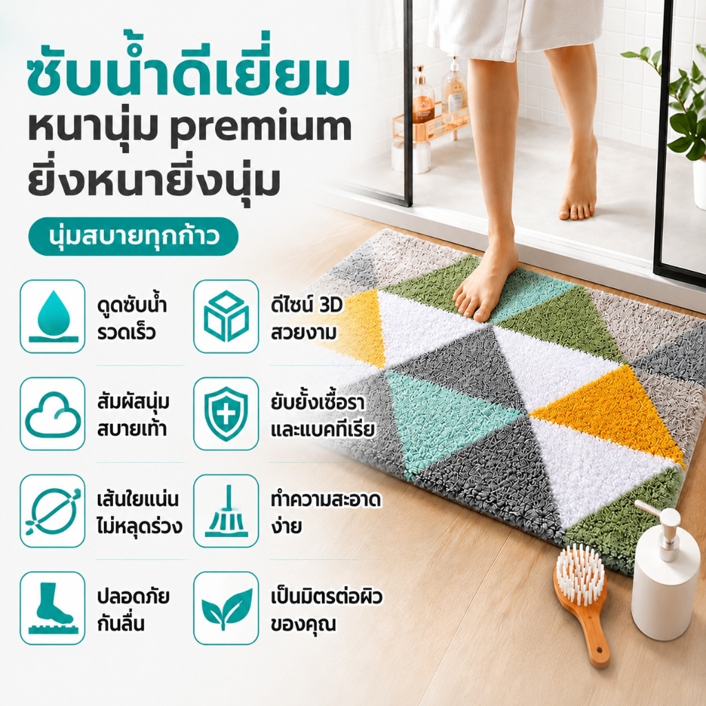 พรมเช็ดเท้าห้องน้ำ ดูดซับน้ำเร็ว แห้งไว พรมกันลื่น พรมห้องน้ำ ขนนุ่มหนาพิเศษ ซักเครื่องได้ ไม่หลุดขน กันเชื้อรา กันลื่น 0.45 พรมหน้าอ่างล้างหน้า พรมตกแต่งห้องน้ำ พรมซับน้ำ พรมนุ่มสบายเท้า พรมอเนกประสงค์ Bathroom Mat Non Slip Rug Absorbent Dry Fast K533