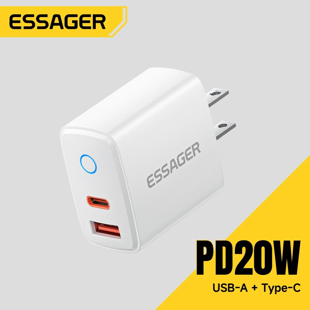 ESSAGER 20W Dual Port หัวชาร์จ Type-C + USB-A PD Fast CHARGING เข้ากันได้กับ iP Android สีขาว