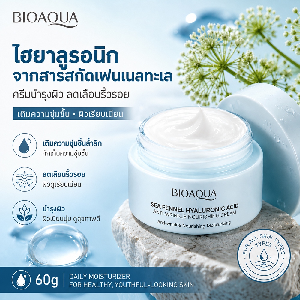 BIOAOUA ไฮยาลูรอน ครีมลดริ้วรอย ครีมทาหน้า มอยเจอร์ไรเซอร์ ผิวแพ้ง่าย ลดริ้วรอย Sea Fennel Hyaluronic Acid Anti-Wrinkle Cream 60g