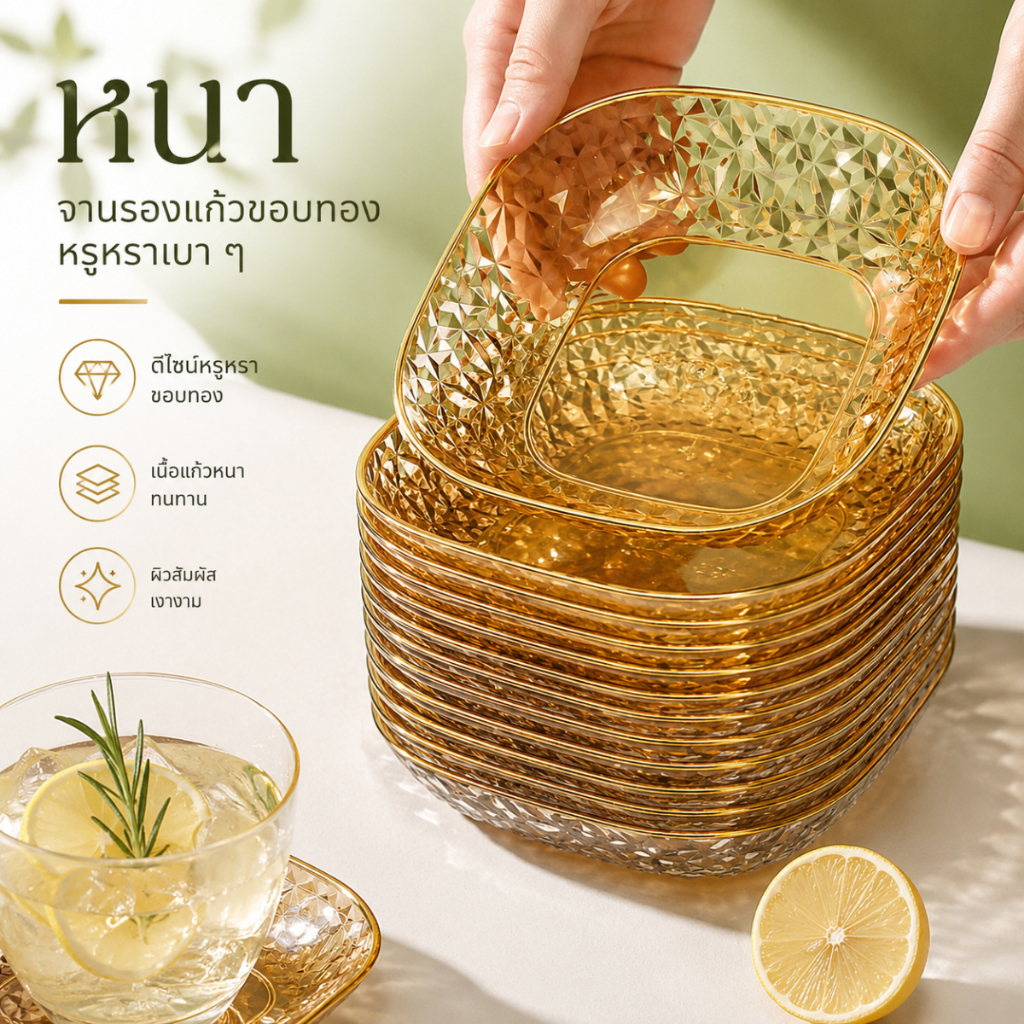 จานผลไม้ขอบทอง จานใส่อาหาร จานขนม ถาดเสิร์ฟอาหาร พลาสติกใส ดีไซน์หรู ใช้งานได้หลากหลาย A00239