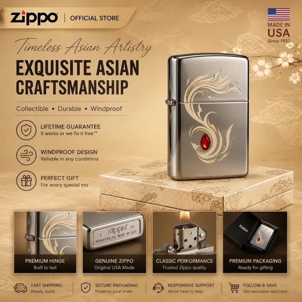 Zippo ของแท้ Single Feather To Phoenix ไฟแช็กกันลม, LZE-0655