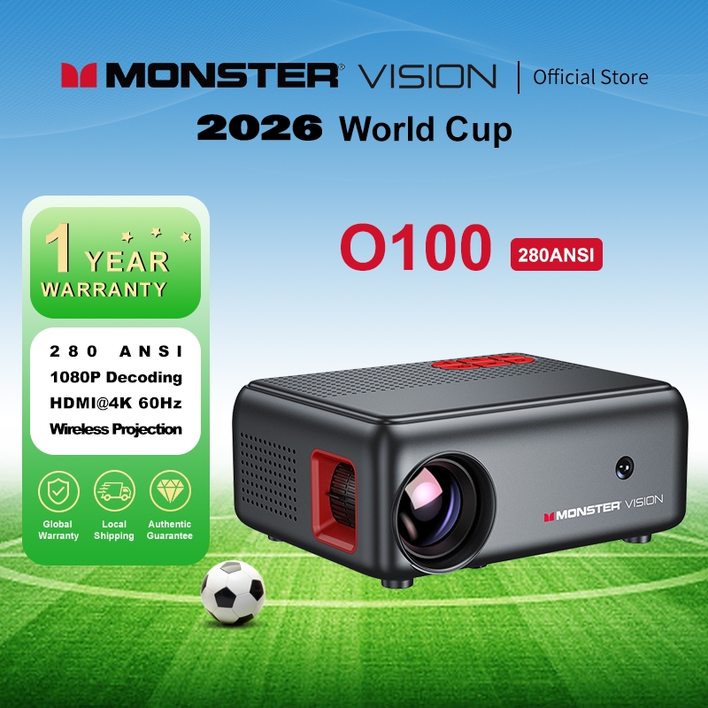 MONSTER O100 มินิโปรเจคเตอร์ 280 ANSI 1080P ถอดรหัส WiFi6 4K30Hz HDMI