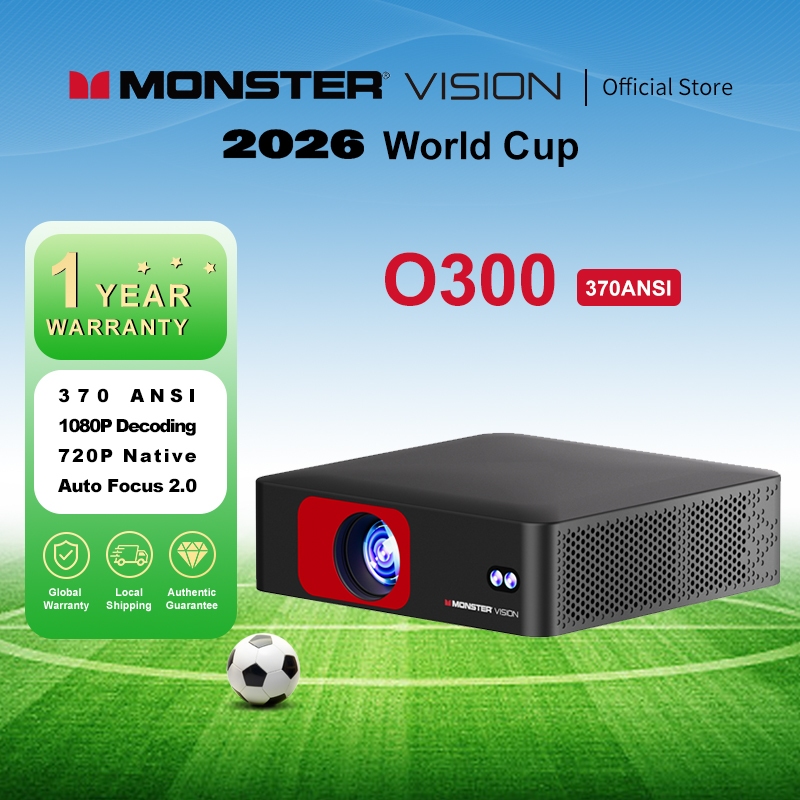 Monster O300 Android 1080P ถอดรหัสโปรเจคเตอร์ WiFi6 โฟกัสอัตโนมัติเต็มรูปแบบและปุ่มอัตโนมัติ